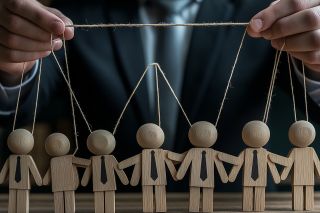 Foto: Puppenspieler im Anzug mit Holzpuppen